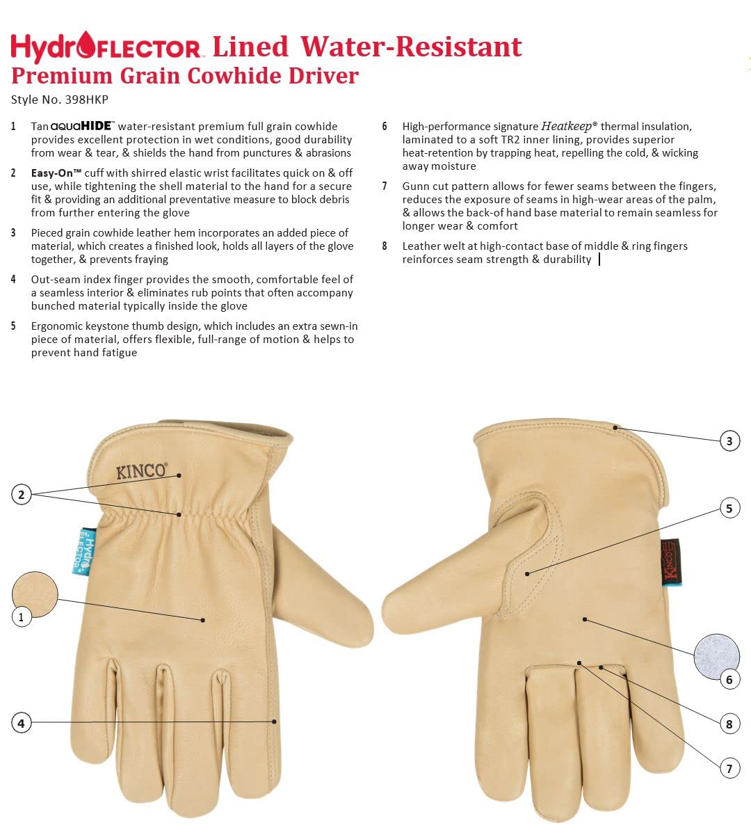 Kinco 398HKP HydroFlector Thermal Lined Water-Resistant Premium Grain Cowhide Leather Winter Gloves - Image 3