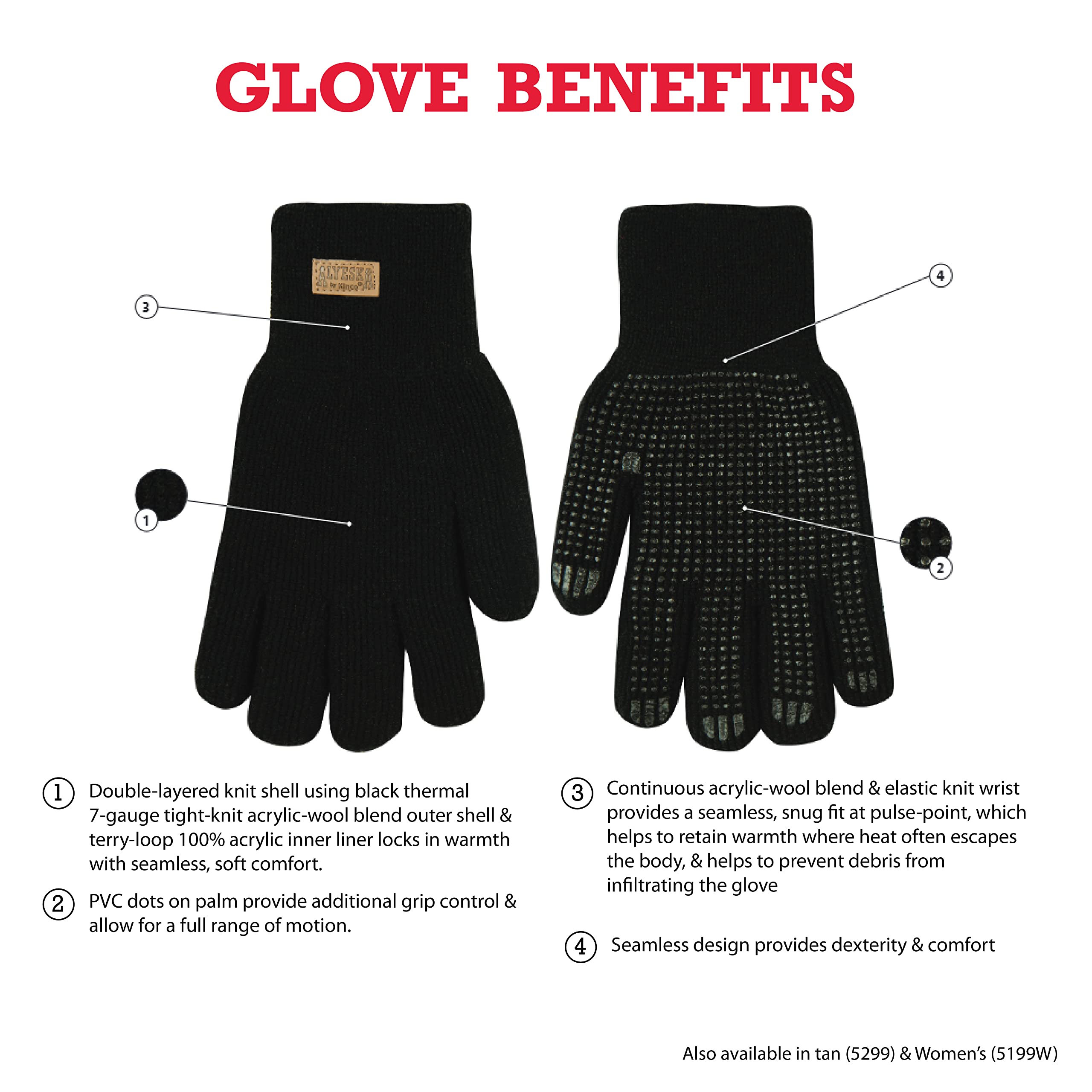 Kinco, 5199, Knit Wool Gloves for Men - Alyeska Ragg Wool Gloves (Black) - Image 3