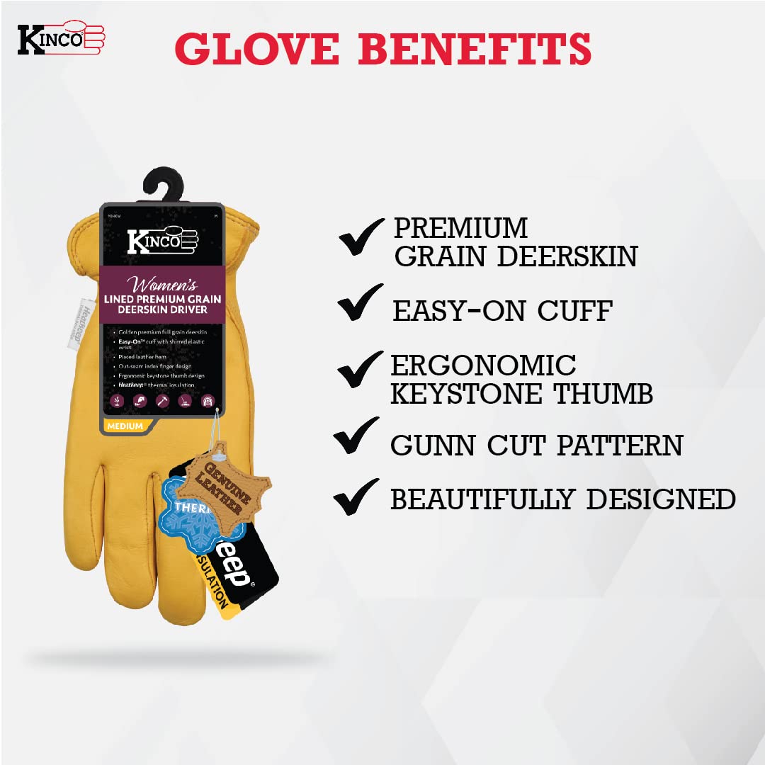Kinco - Women's Golden Full Grain Deerskin, Shirred Elastic Wrist, Keystone Thumb Design Heatkeep Thermal Insulation, Large - Image 3
